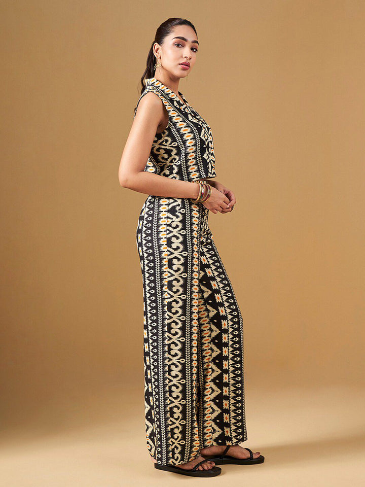 Global Desi Printed Lapel Collar Top & Palazzo