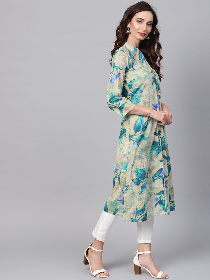 SOJANYA Women Blue & Beige Floral Print A-Line Kurta