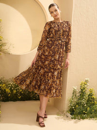 Antheaa Floral Printed Tiered Fit and Flare Midi Dress
