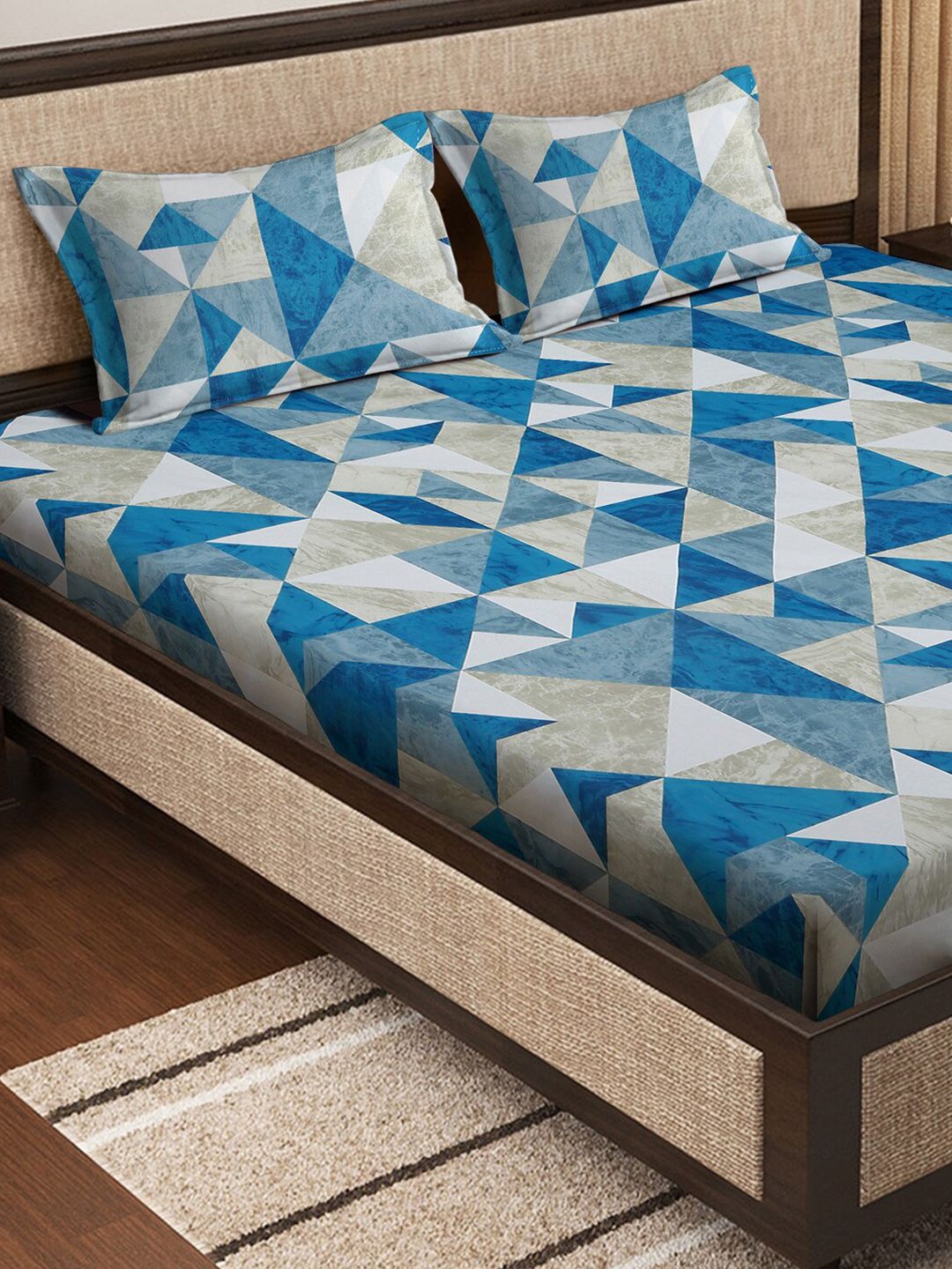 KLOTTHE Blue Printed Pure Cotton 400 TC Super King Double Bedsheet With 2 Pillow Covers