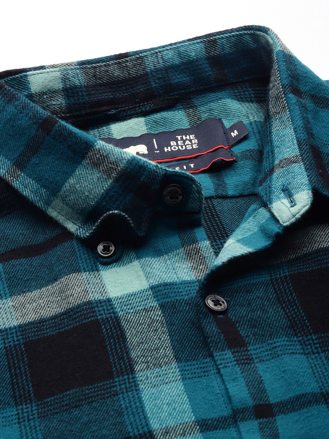 THE BEAR HOUSE Men Teal Blue & Black Slim Fit Checked Flannel Casual Shirt