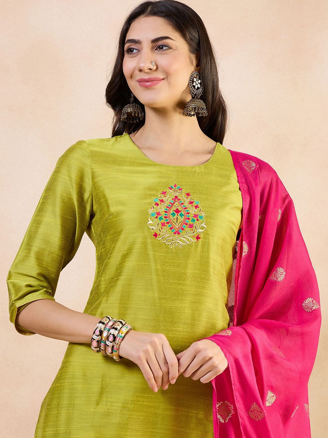 Anouk Green Floral Yoke Design Straight Kurta With Trousers & Dupatta