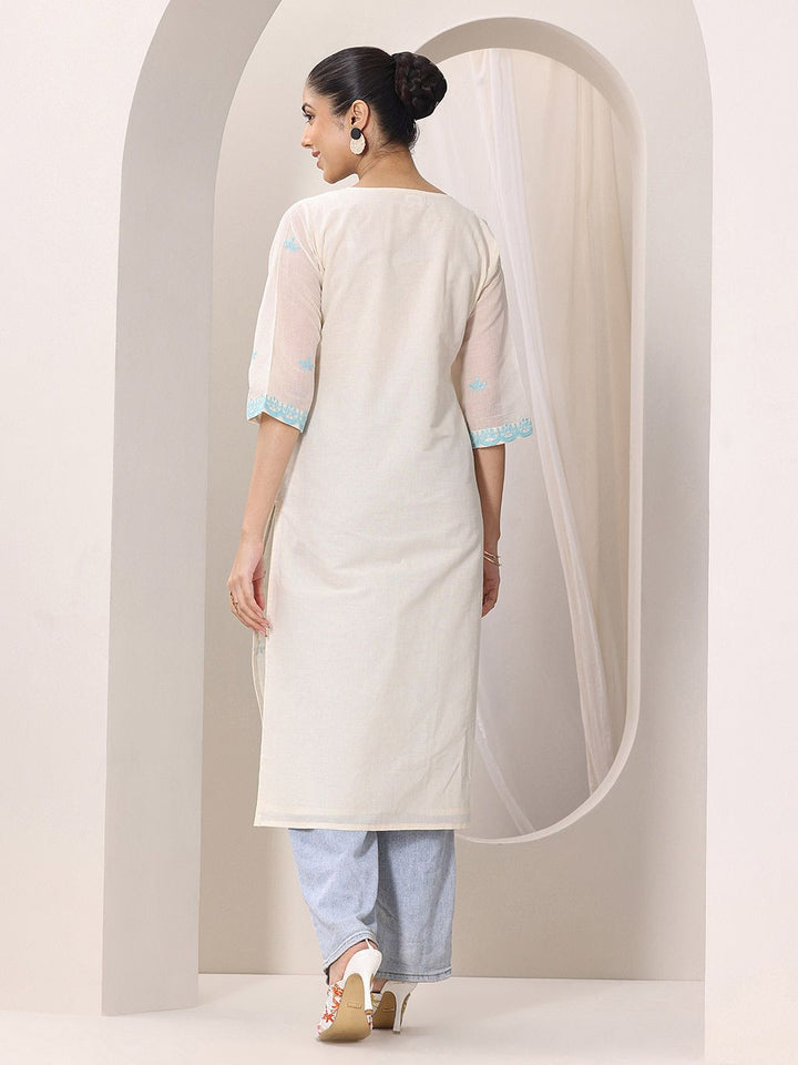 Libas Off White Floral Embroidered V-Neck Thread Work Straight Kurta