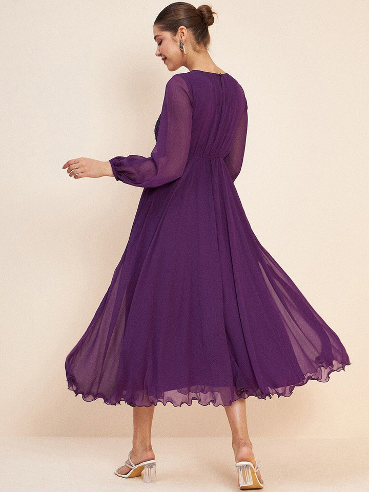 Antheaa Purple Embellished Puff Sleeves Gathered Fit & Flare Midi Dress