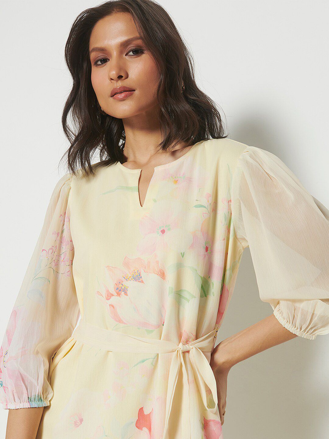 AND Floral Printed Puff Sleeves Gathered Detailed A-Line Dress