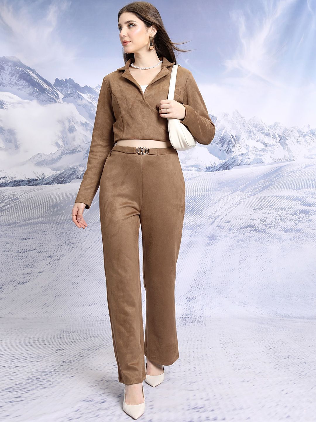 Tokyo Talkies Notched Lapel Collar Suede Crop Top With Trousers