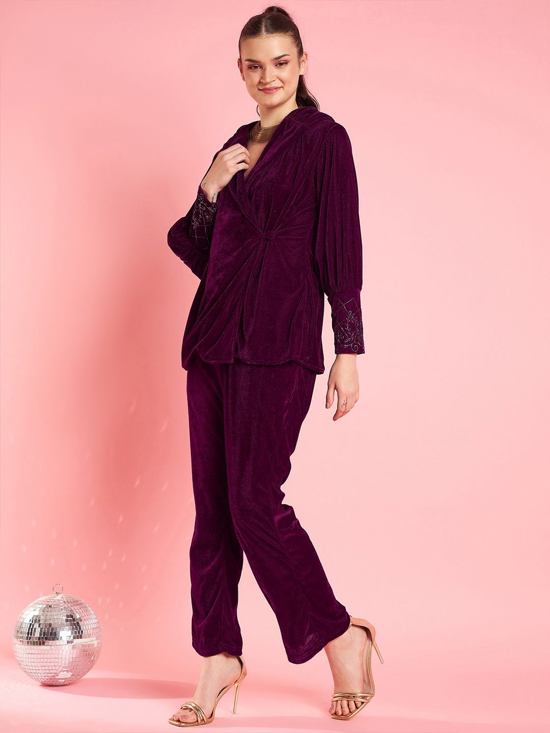 Antheaa Purple Embellished Lapel Collar Velvet Top With Trousers