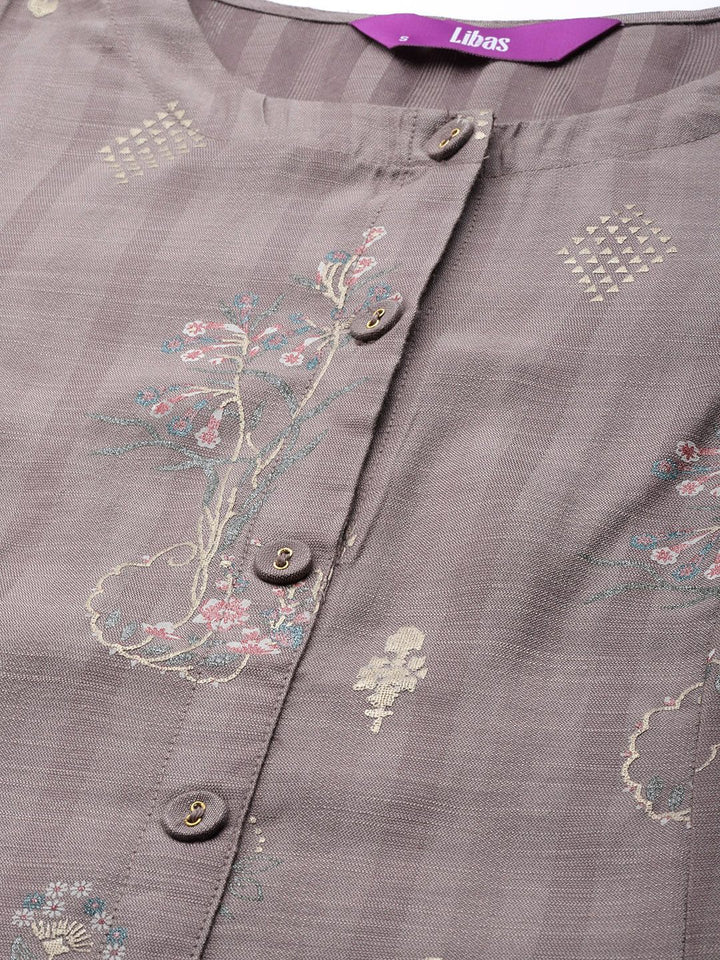 Libas Women Grey & Golden Floral Motifs Printed A-line Kurta with Pocket