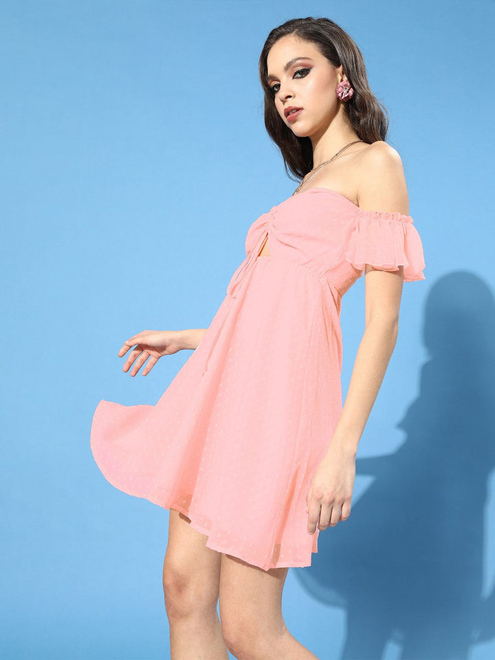 Berrylush Pink Off-Shoulder Georgette Mini Dress