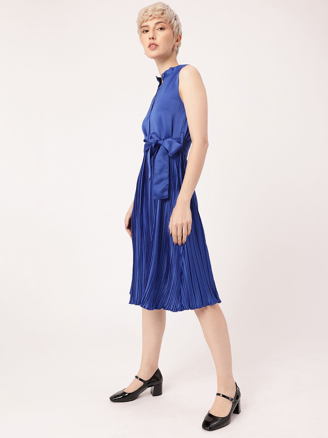 DressBerry Satin Sophistication Accordion Pleated Bow Detailed A-line Dress