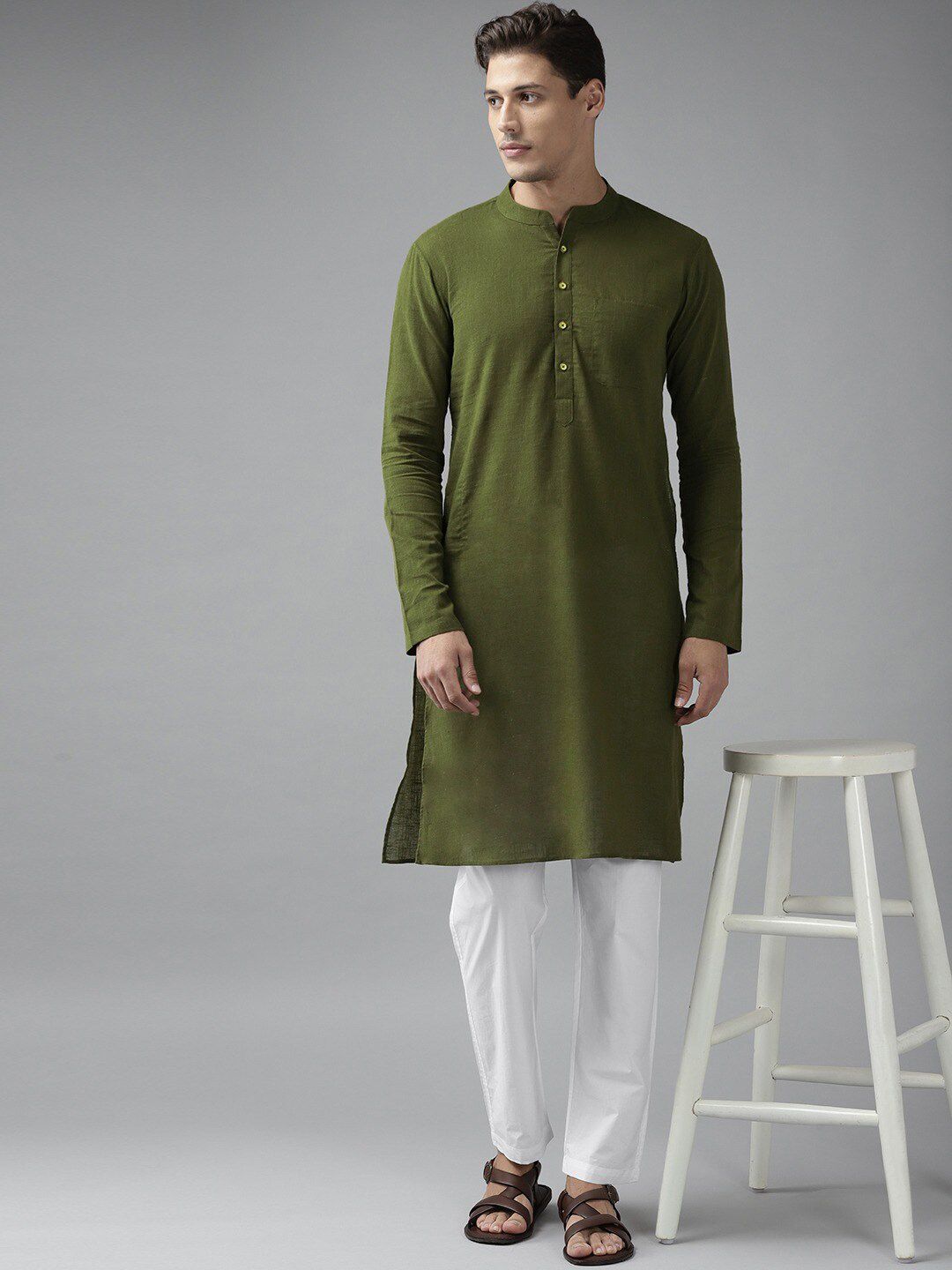 See Designs Men Olive Thread Work Straight Cotton Kurta