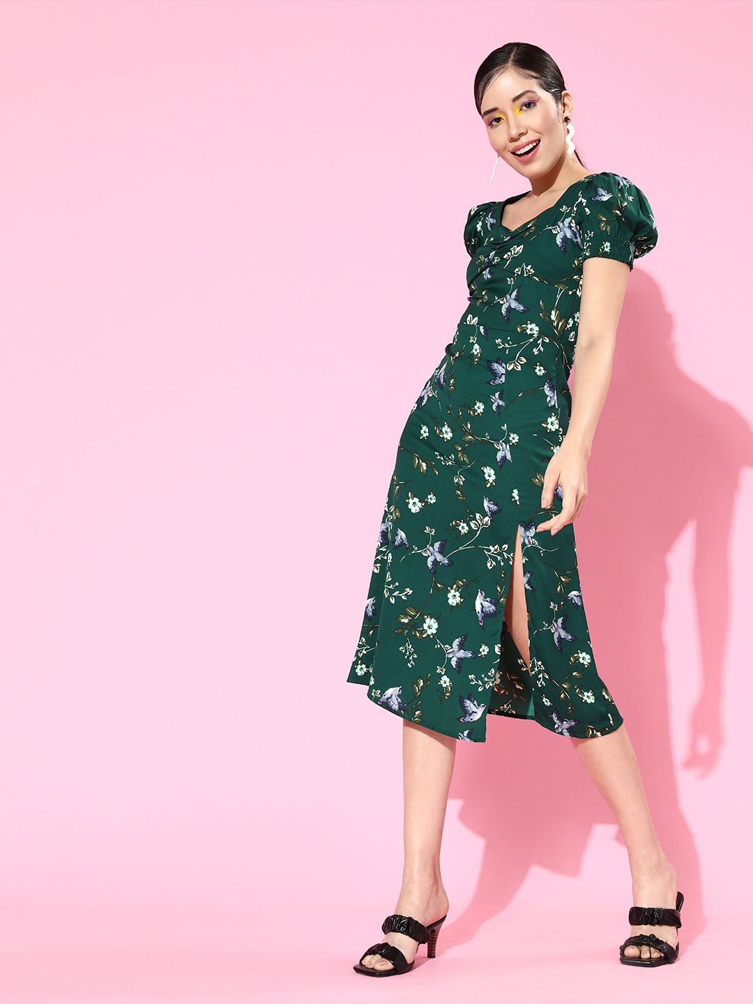 Berrylush Women Gorgeous Green Floral Sweetheart Neck Dress