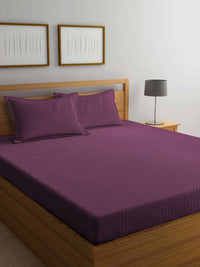 KLOTTHE Magenta Striped Cotton 300 TC King Fine Bedsheet with 2 Pillow Covers-98 x 87 inches