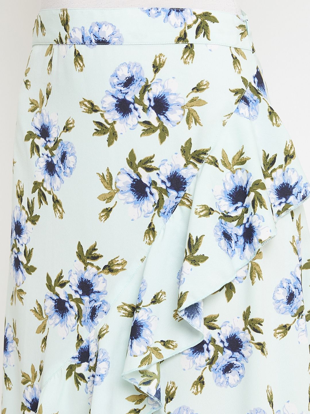 Berrylush Sea Green & Blue Floral Printed Wrap Midi Skirt