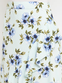 Berrylush Sea Green & Blue Floral Printed Wrap Midi Skirt