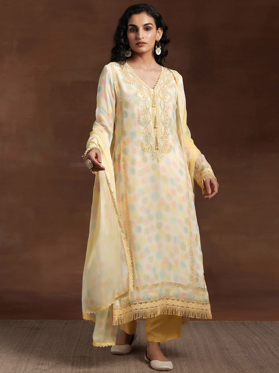 Libas Yellow Floral Printed V-Nek Beads and Stones Straight Kurta with Palazzos & Dupatta