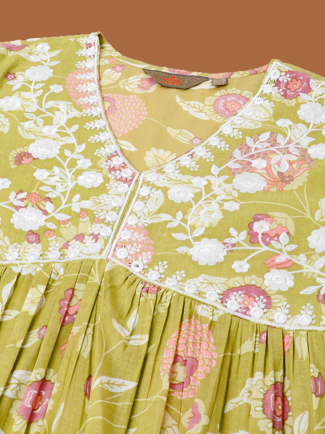 Anouk Floral Printed Regular Thread Work Empire Pure Cotton Kurta With Palazzos & Dupatta