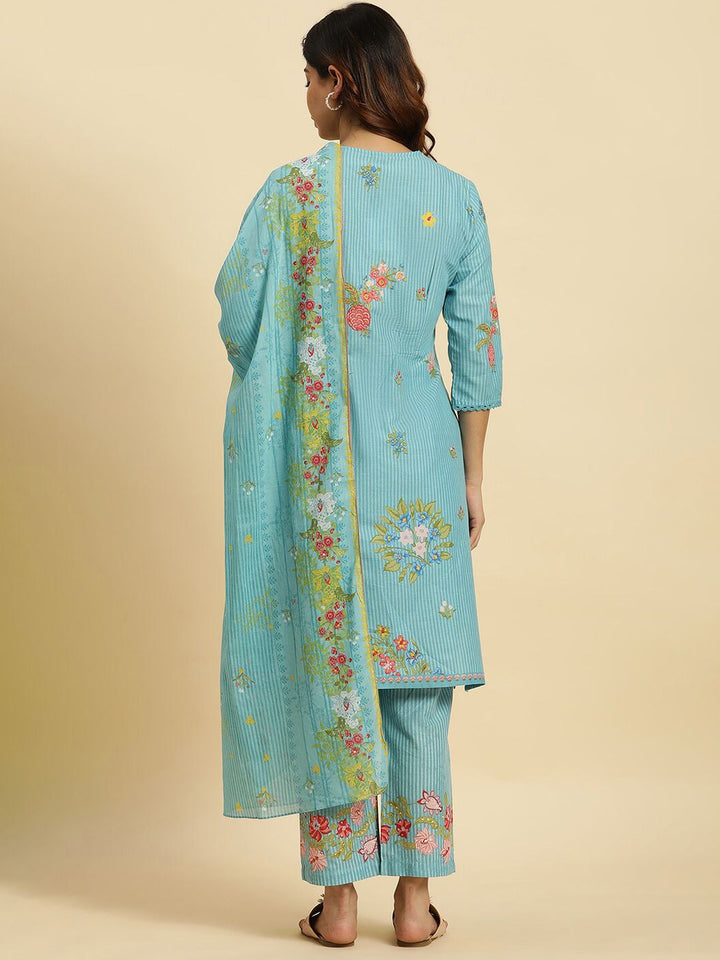 W Floral Printed V-Neck Pure Cotton A-Line Kurta & Trousers With Dupatta