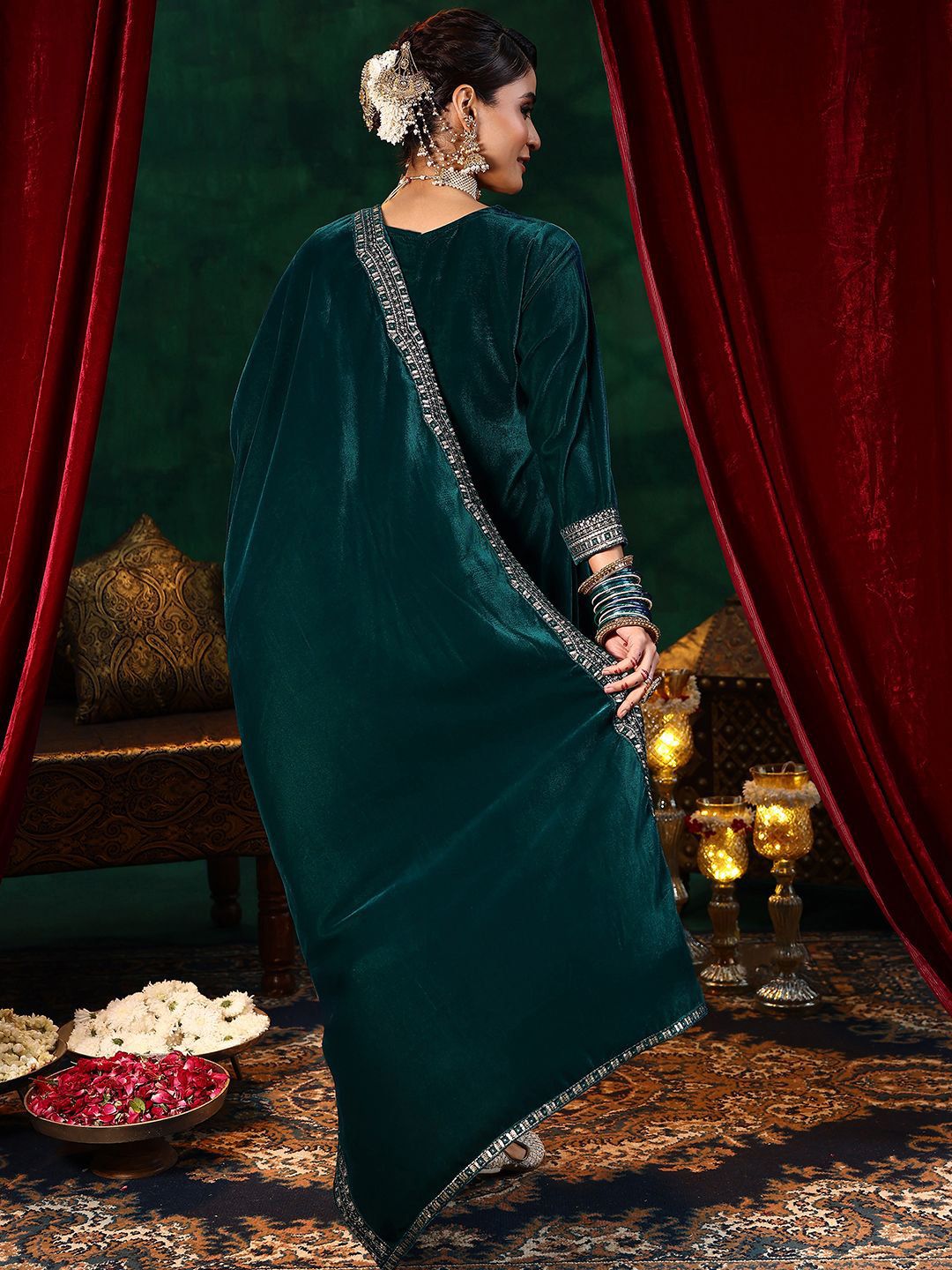 Libas Ethnic Motifs Embroidered Velvet A-Line Kurta With Trousers & Dupatta