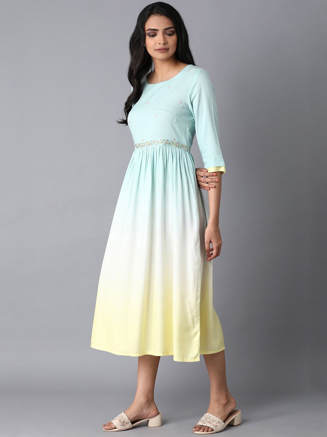 W Women Blue & Yellow Colourblocked Empire Dress