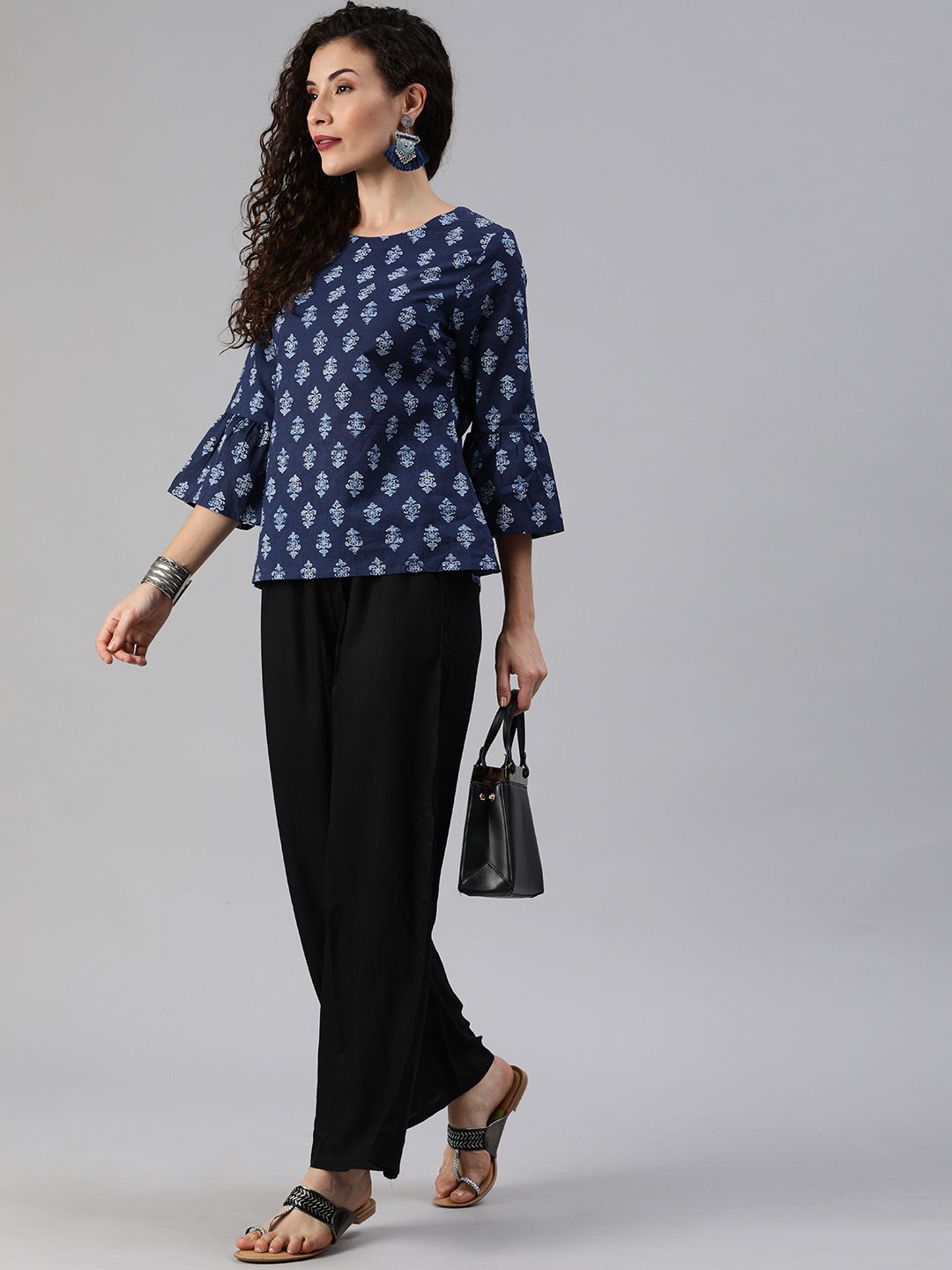 Anouk Navy Blue Ethnic Motifs Bell Sleeved Pure Cotton Top