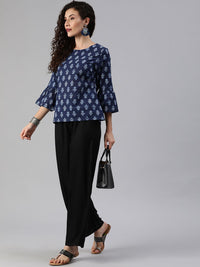 Anouk Navy Blue Ethnic Motifs Bell Sleeved Pure Cotton Top