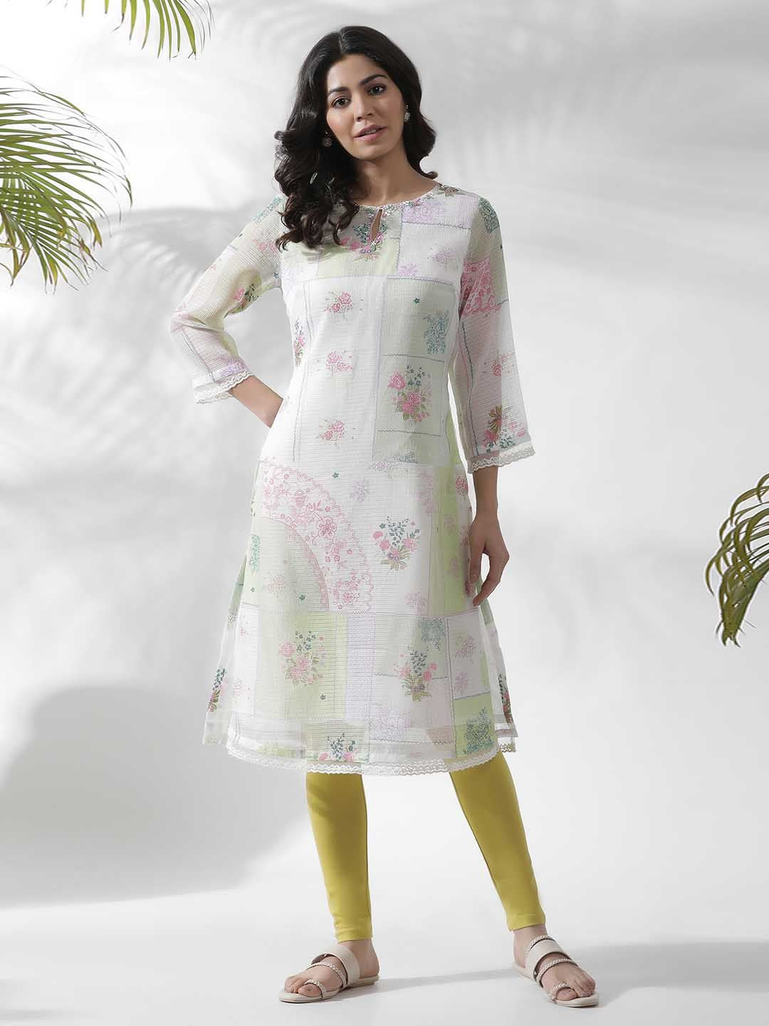 W Floral Printed Keyhole Neck Beads and Stones Kurta