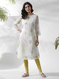 W Floral Printed Keyhole Neck Beads and Stones Kurta
