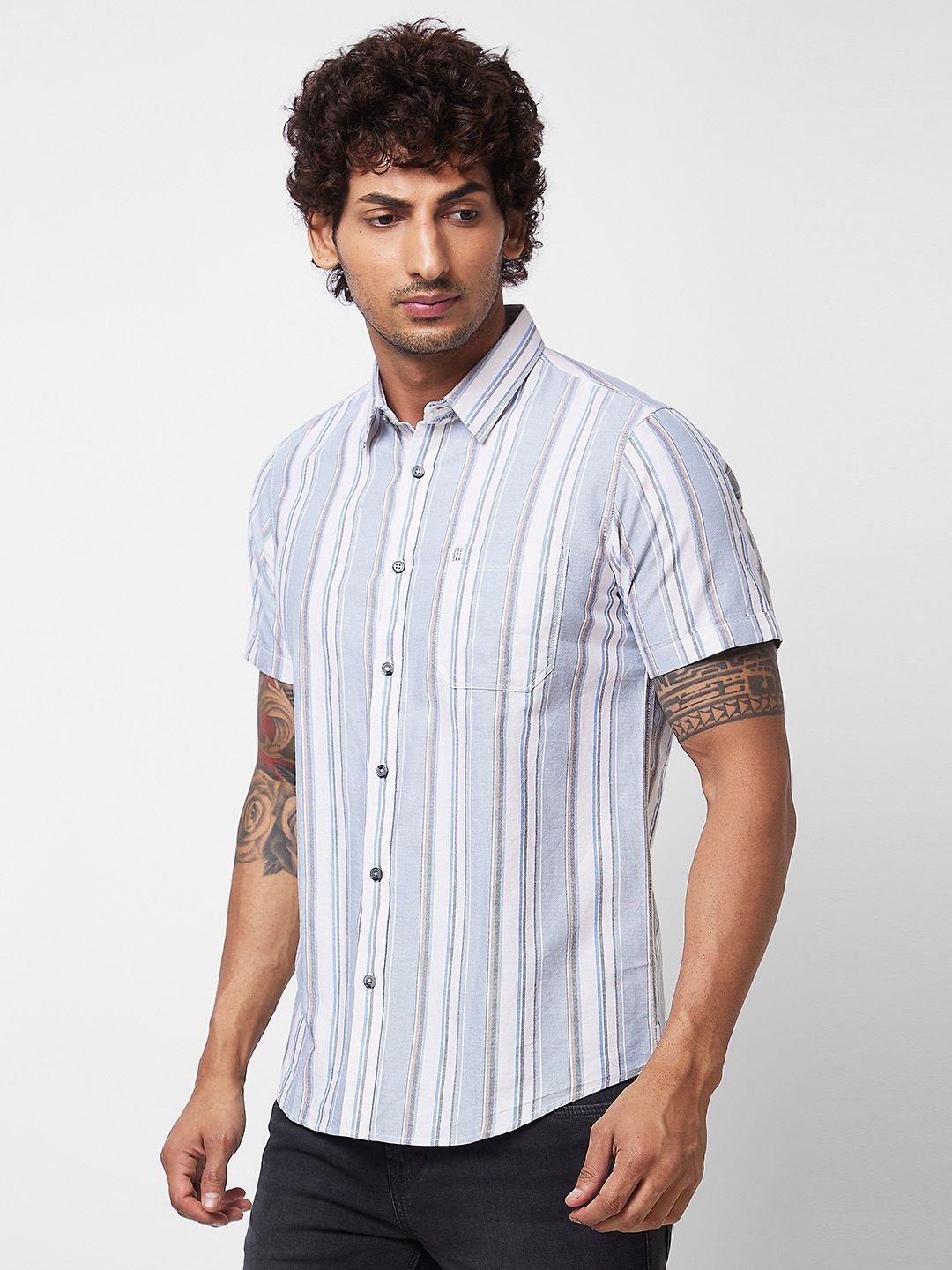SPYKAR Vertical Striped Spread Collar Short Sleeves Cotton Casual Shirt