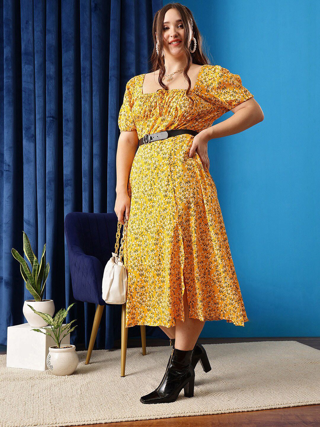 CURVY STREET Plus Size Floral Printed Square Neck Gathered Flounce A-Line Dress