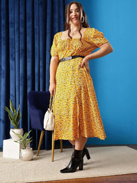 CURVY STREET Plus Size Floral Printed Square Neck Gathered Flounce A-Line Dress