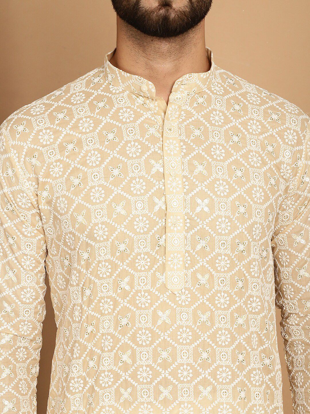 SOJANYA Kolar Jalur Bersulam Geometri Lengan Panjang Kurta Kapas Tulen Dengan Churidar
