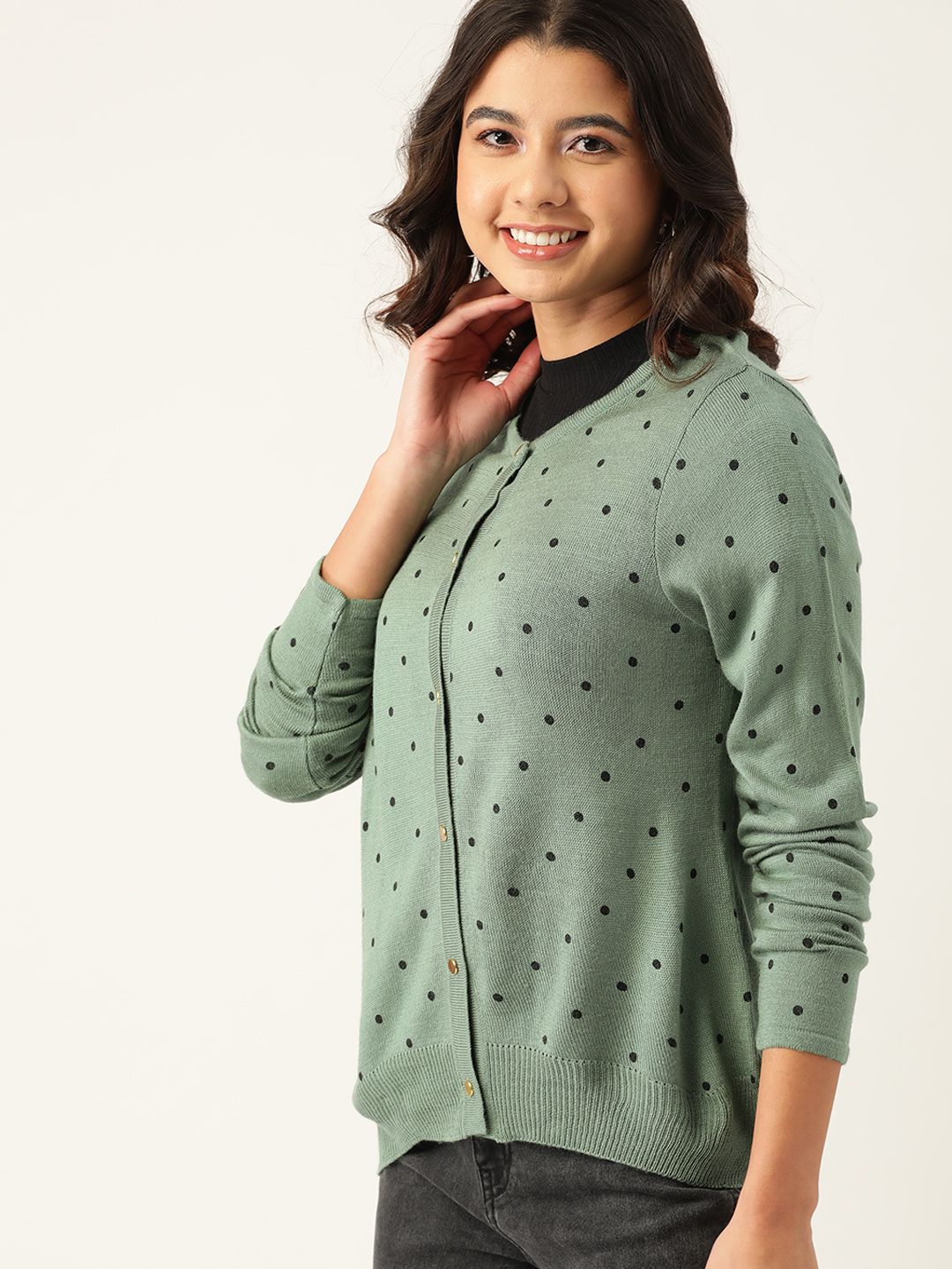 DressBerry Women Green & Black Printed Front-Open Sweater