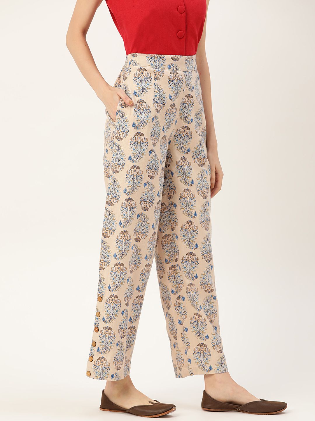 Shae by SASSAFRAS Women Beige & Blue Loose Fit Printed Regular Trousers
