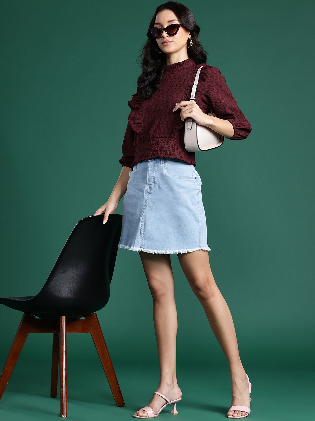 DressBerry Self-Design Ruffles Smocked Cinched Waist Top