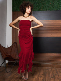 Athena Red Ruffled Strapless Asymmetric Hem Maxi Dress