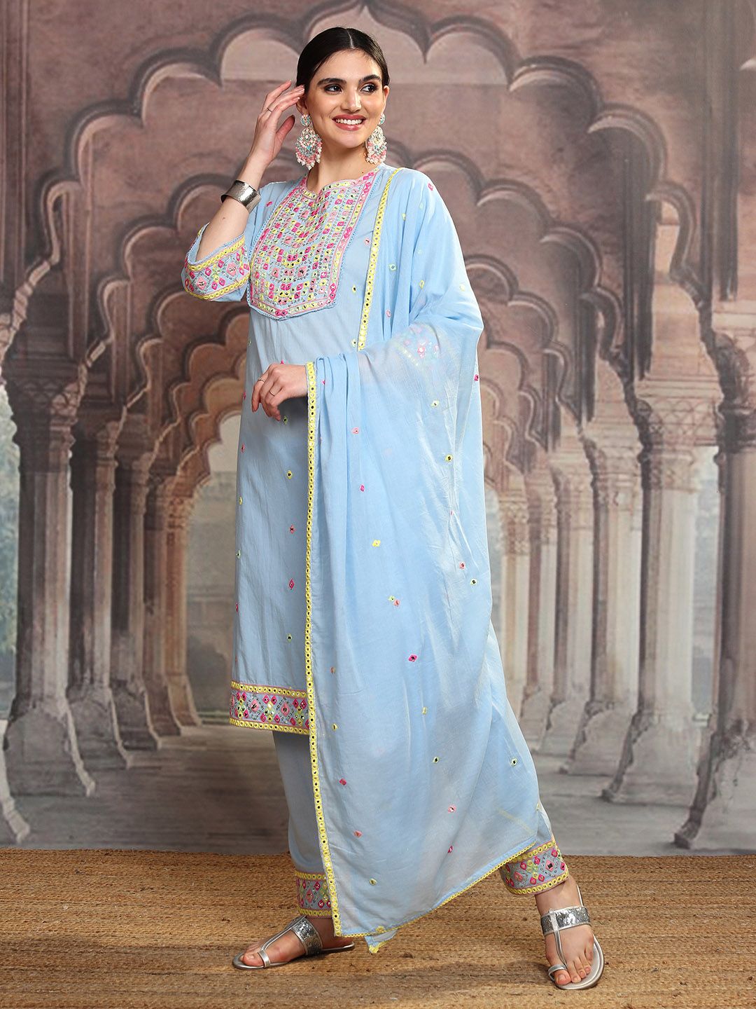 Vishudh Blue Embroidered Mirror Work Pure Cotton Straight Kurta With Trousers & Dupatta