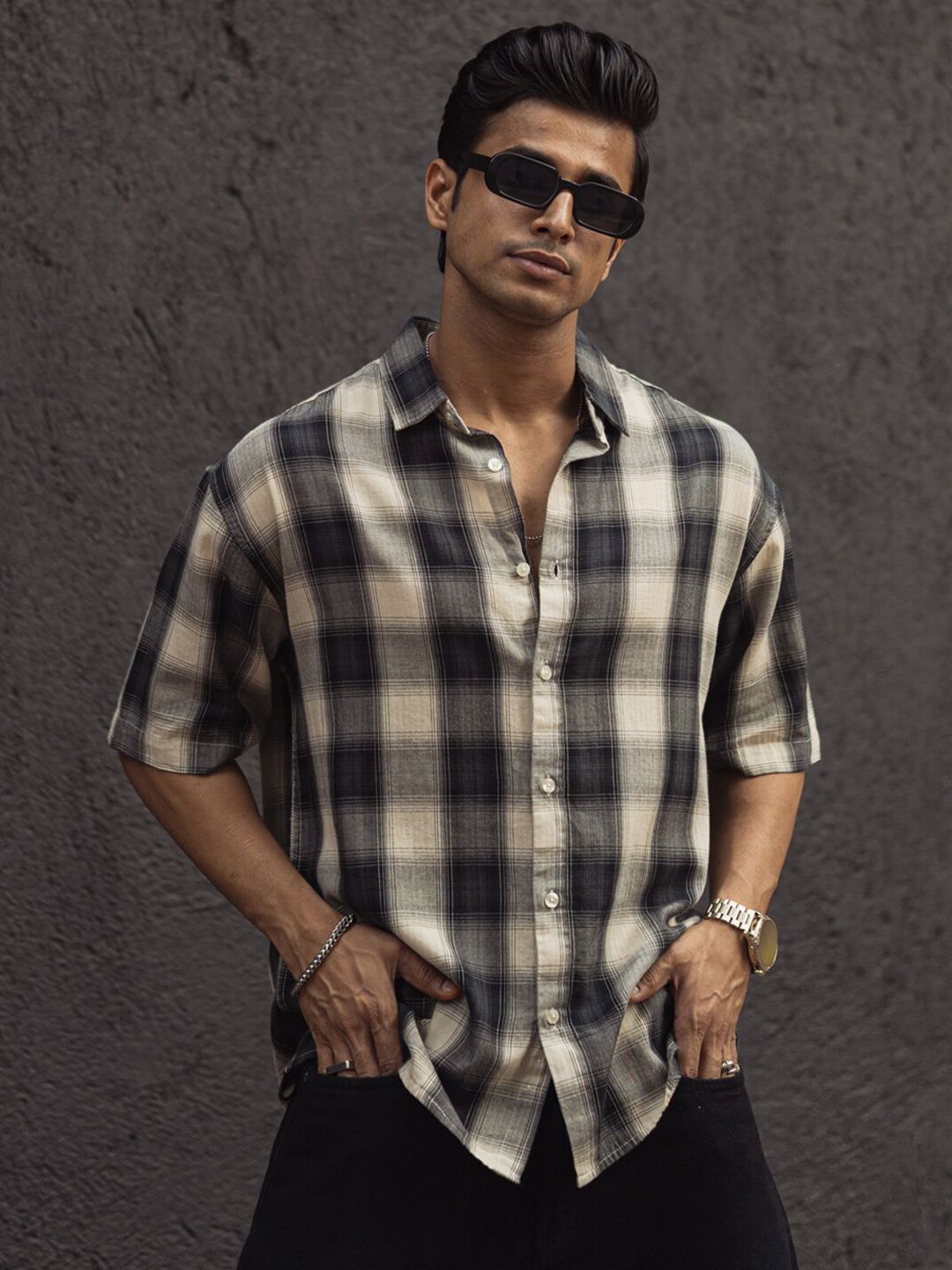 Powerlook India Slim Tartan Checked Drop-Shoulder Sleeves Cotton Oversized Shirt