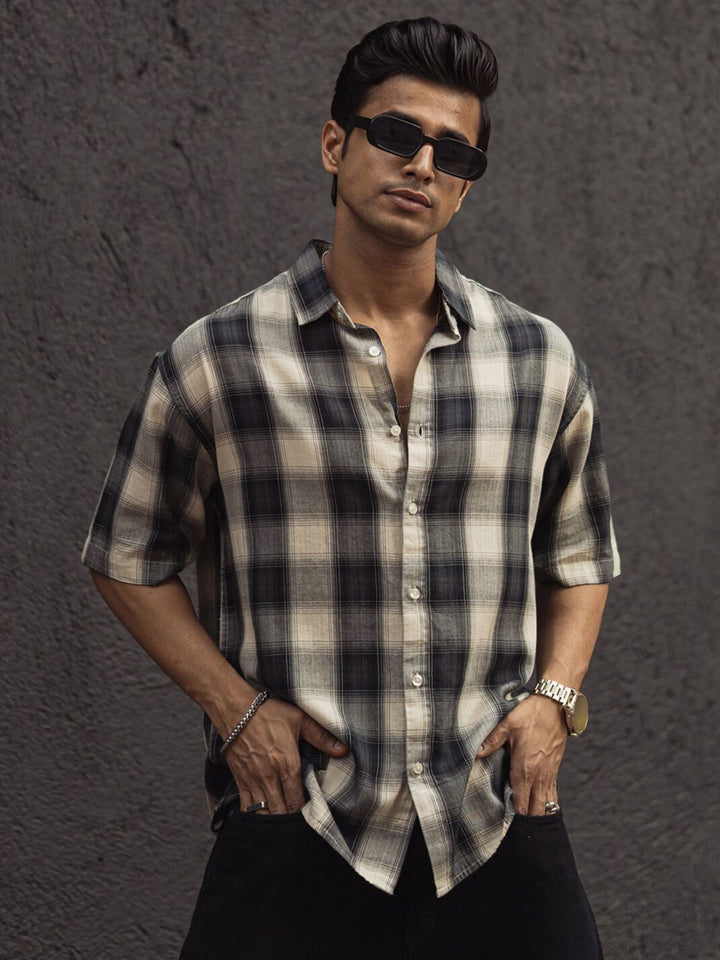 Powerlook India Slim Tartan Checked Drop-Shoulder Sleeves Cotton Oversized Shirt