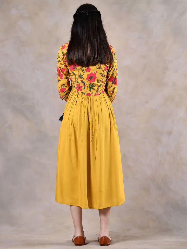 Rustorange Mustard Yellow & Pink Floral Liva A-Line Midi Dress