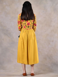 Rustorange Mustard Yellow & Pink Floral Liva A-Line Midi Dress