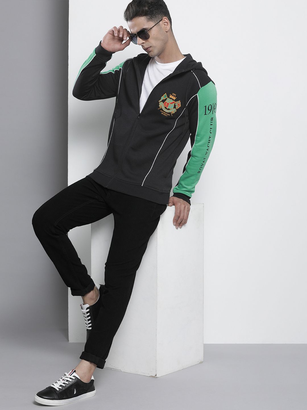 The Indian Garage Co Men Black Embroidered Hooded Sweatshirt