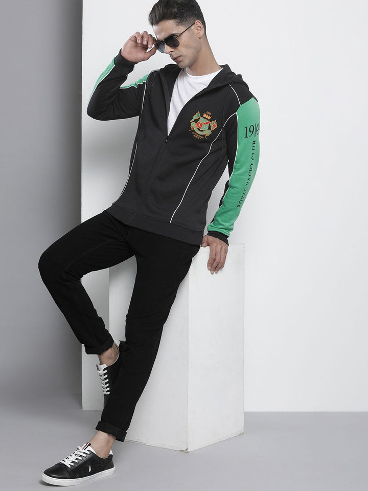 The Indian Garage Co Men Black Embroidered Hooded Sweatshirt