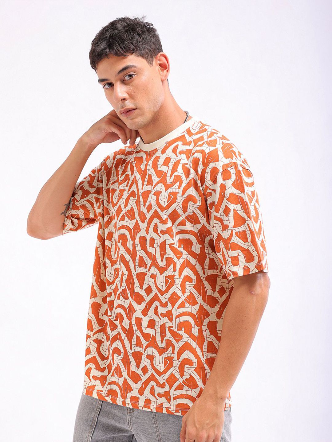 The Indian Garage Co Men All Over Printed Boxy Oversized Round Neck T-shirt