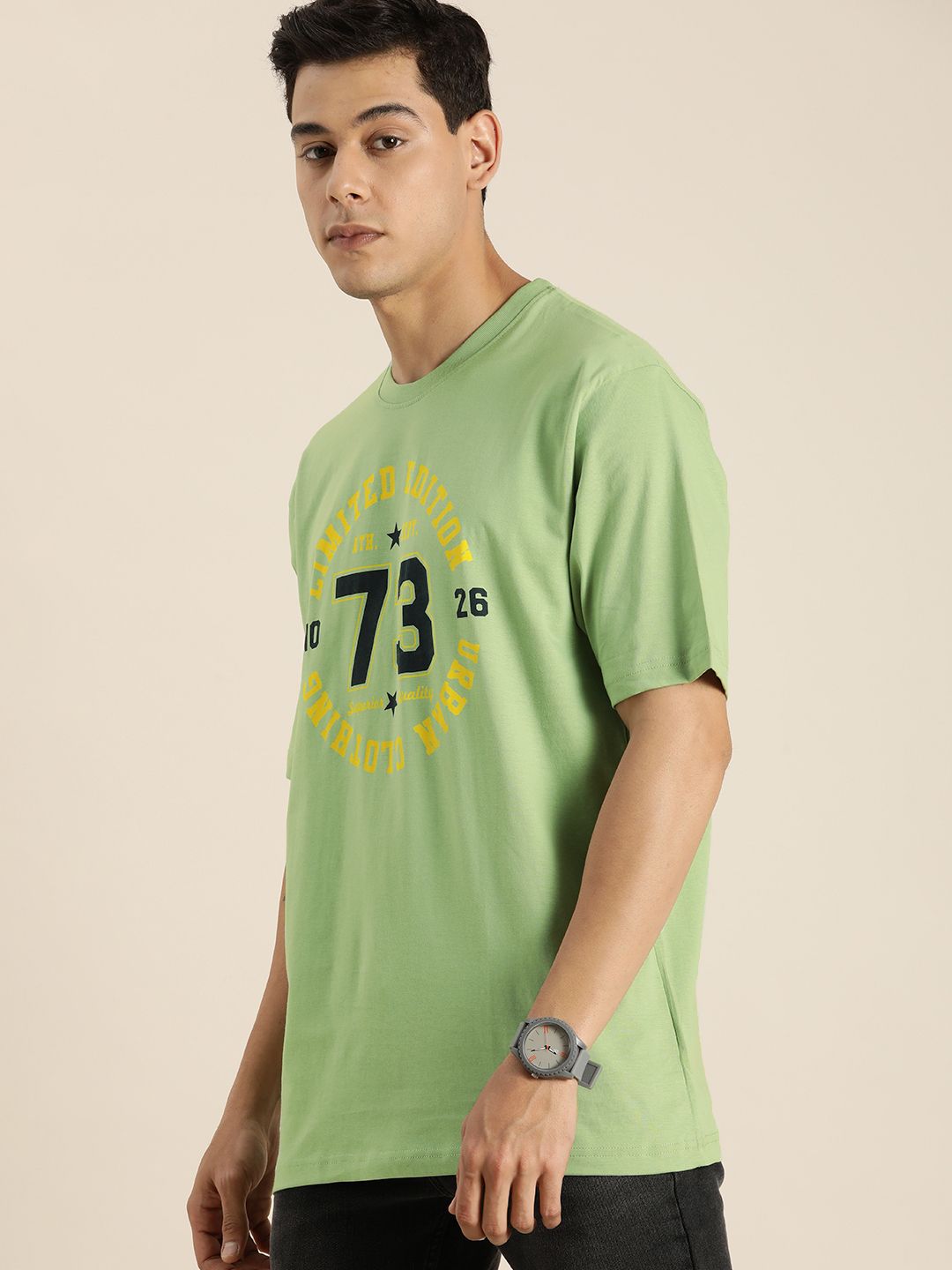DILLINGER Men Green & Black Printed Drop-Shoulder Sleeves Pure Cotton Oversized T-shirt