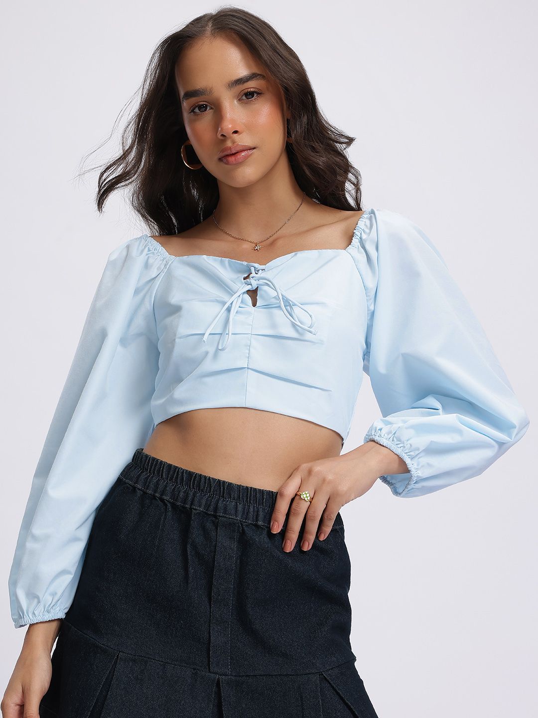 DressBerry Pastel Paradise Tie-Up Pleated Smocked Back Crop Top