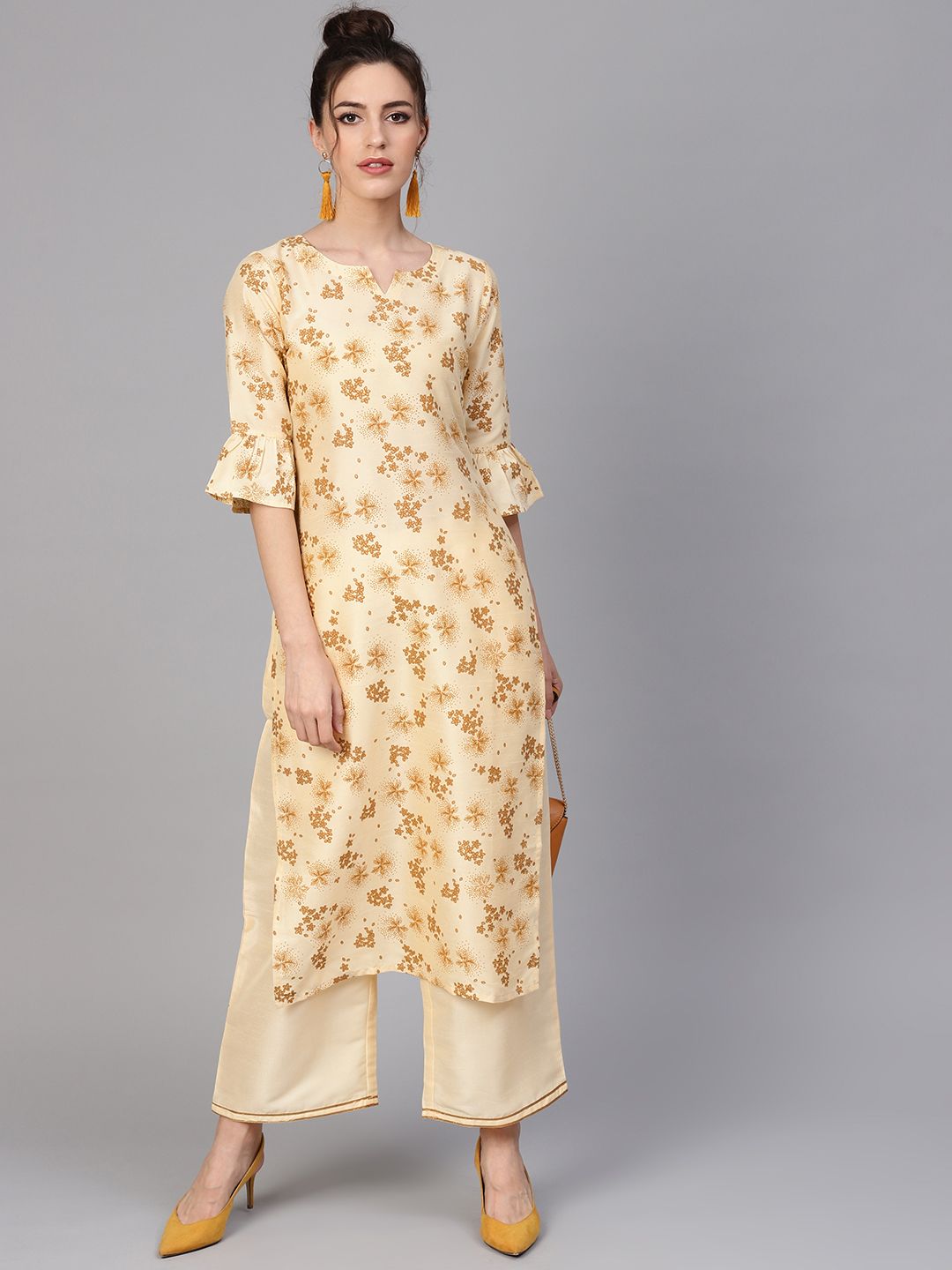 Gerua By Libas Women Cream-Coloured  Brown Block Print Kurta with Palazzos