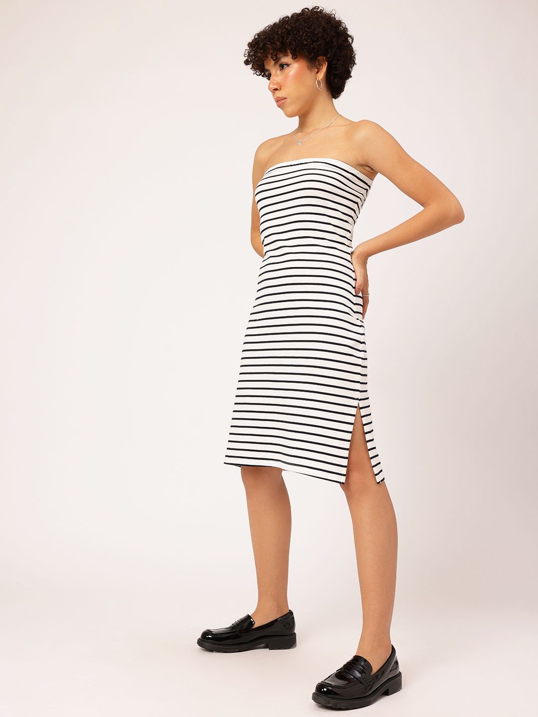 DressBerry Monochrome Maven Striped Strapless Cut Out Detail Dress