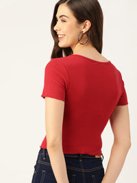 DressBerry Women Red Striped V-Neck Ribbed T-shirt
