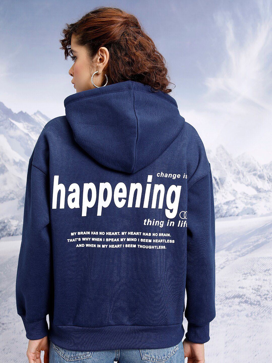 Tokyo Talkies Navy Blue Typography Printed Hooded Oversized Pullover